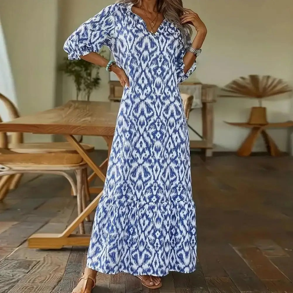Notched Collar V Neck Abstract Ikat Print Three Quarter Sleeve Tiered Maxi Dress