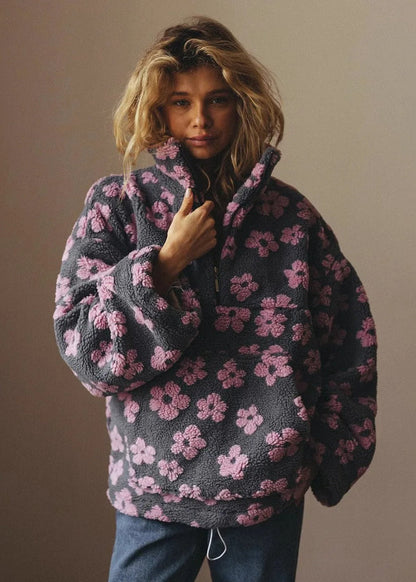 Floral Sherpa Half-Zip Pullover Jacket – Cozy Oversized Fleece Top