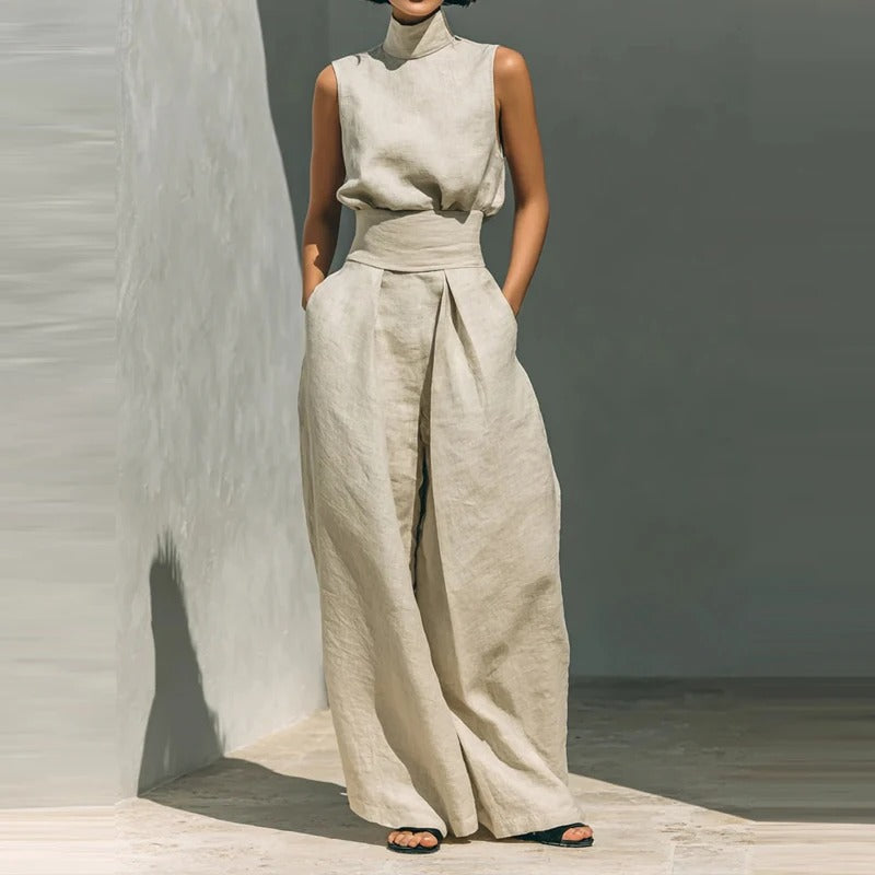 Sienna Linen Two-Piece Pants Set – Sleeveless Top & Wide Leg Pants