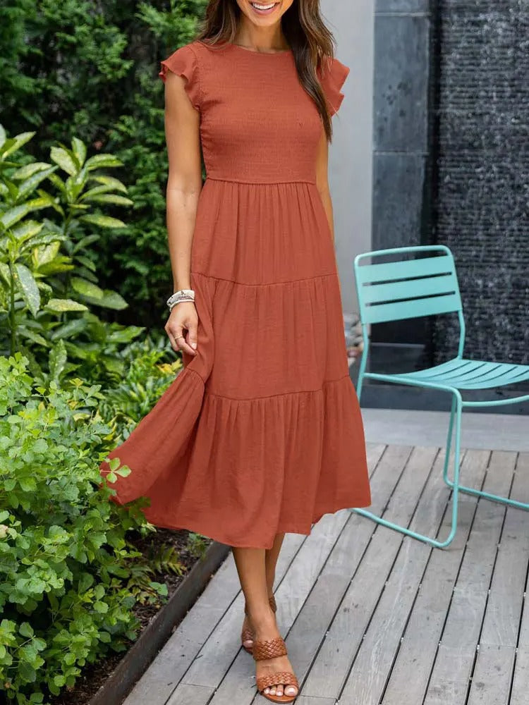 Smocked Bodice Flutter Sleeve Tiered A-Line Midi Dress