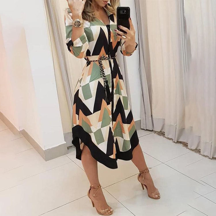 Abstract Geometric Print Button-Down Belted High-Low Midi Shirt Dress