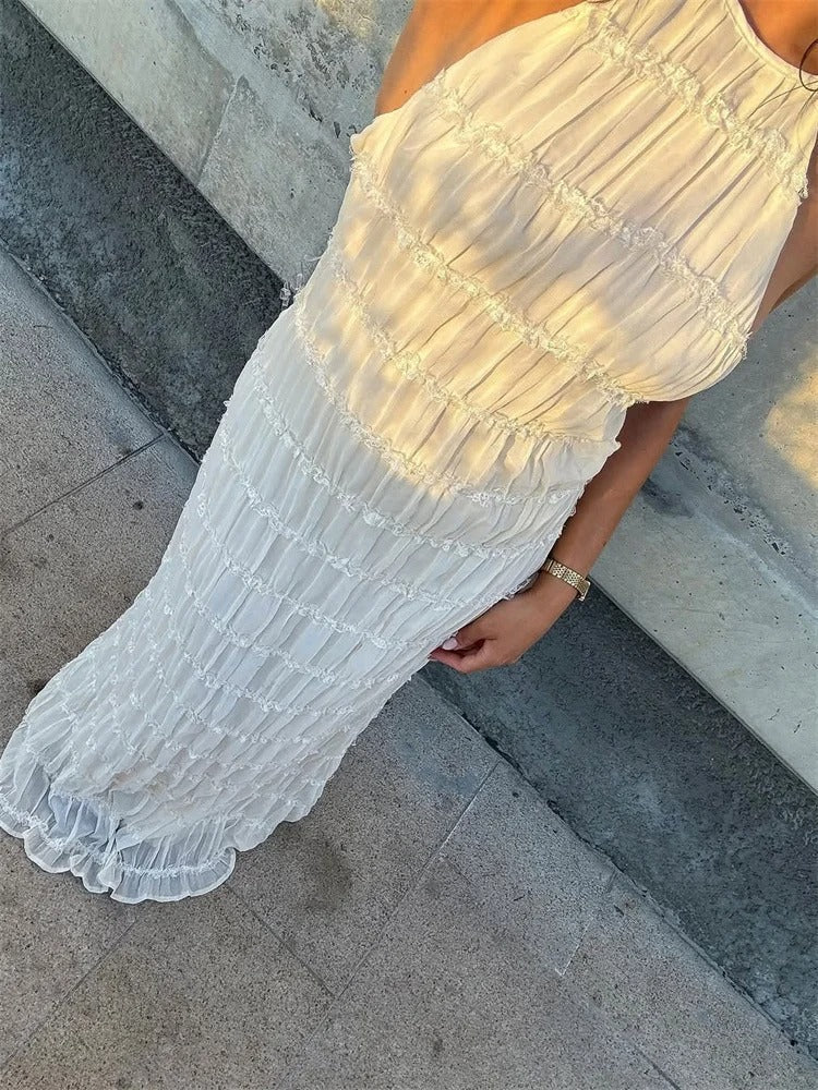 | Halter Neck Maxi Dress, Pleated Texture, Open Back