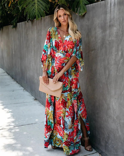 Tropical Leaf Print Deep V-Neck Flutter Sleeve Kimono Maxi Dress