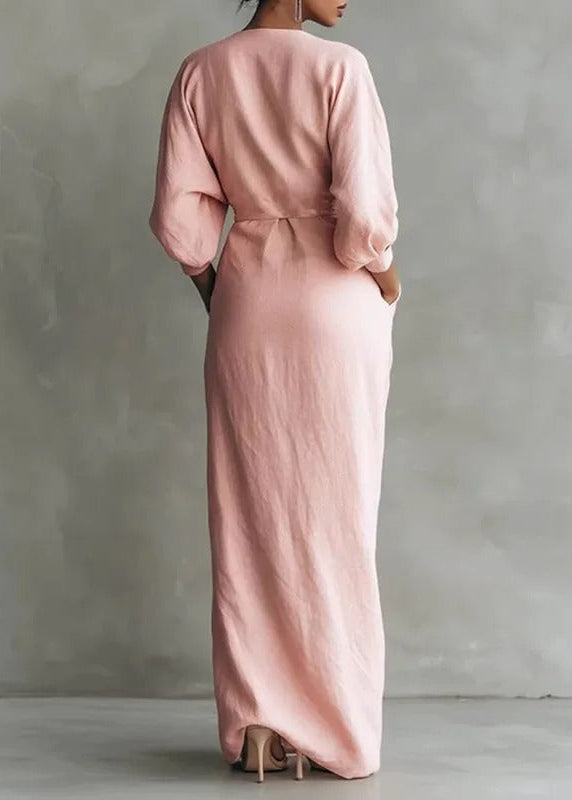 Blush Linen Wrap Maxi Dress – Long Sleeve Elegant Summer Dress