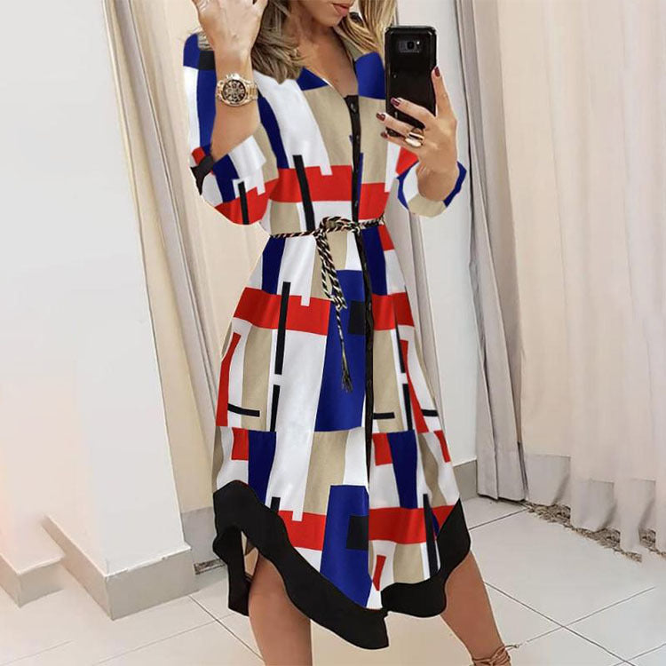 Abstract Geometric Print Button-Down Belted High-Low Midi Shirt Dress