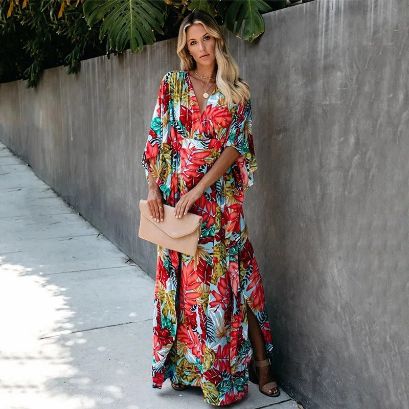 Tropical Leaf Print Deep V-Neck Flutter Sleeve Kimono Maxi Dress
