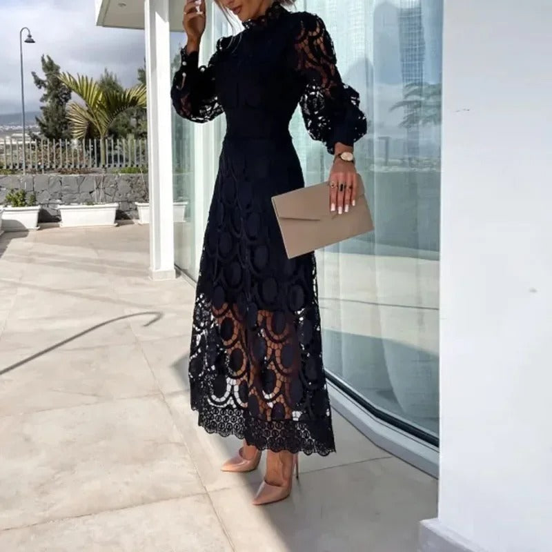 Mock Neck Lace Long Sleeve Waistband Midi Dress