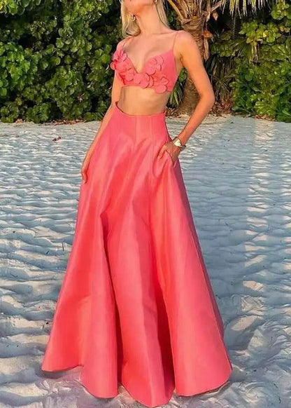 Coral Floral Two-Piece Set – Crop Top and Maxi Skirt Summer Outfit