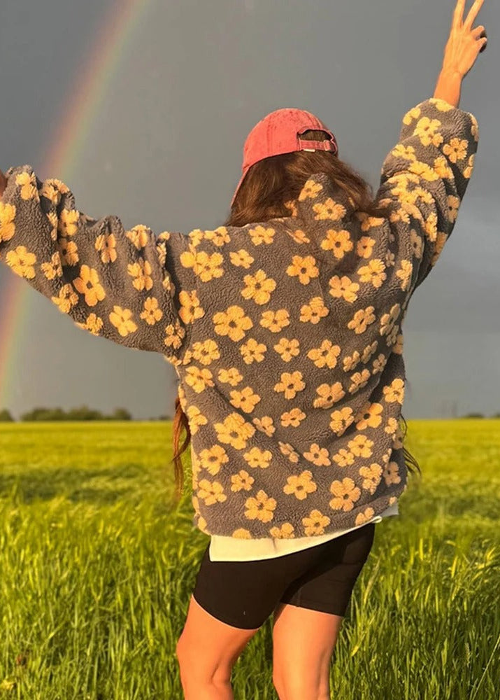 Floral Sherpa Half-Zip Pullover Jacket – Cozy Oversized Fleece Top
