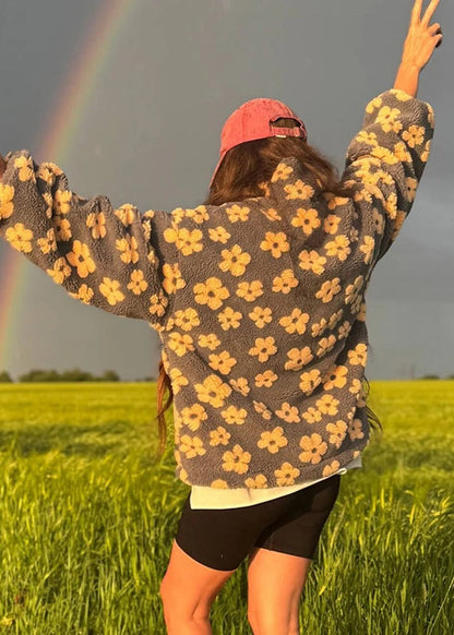 Floral Sherpa Half-Zip Pullover Jacket – Cozy Oversized Fleece Top