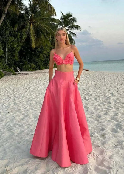 Coral Floral Two-Piece Set – Crop Top and Maxi Skirt Summer Outfit