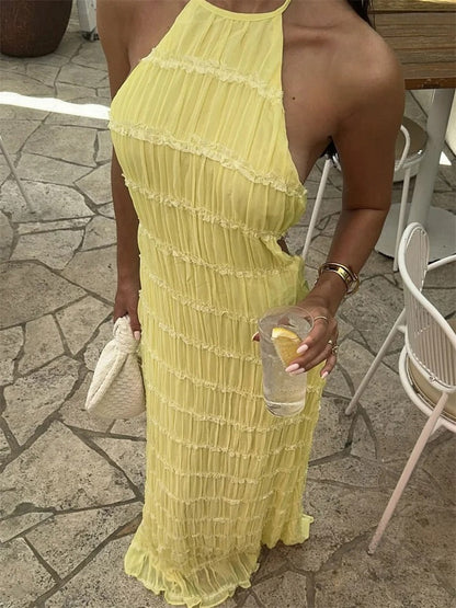 | Halter Neck Maxi Dress, Pleated Texture, Open Back