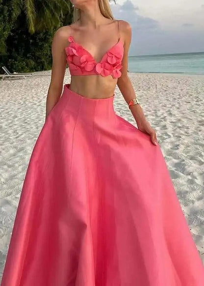 Coral Floral Two-Piece Set – Crop Top and Maxi Skirt Summer Outfit