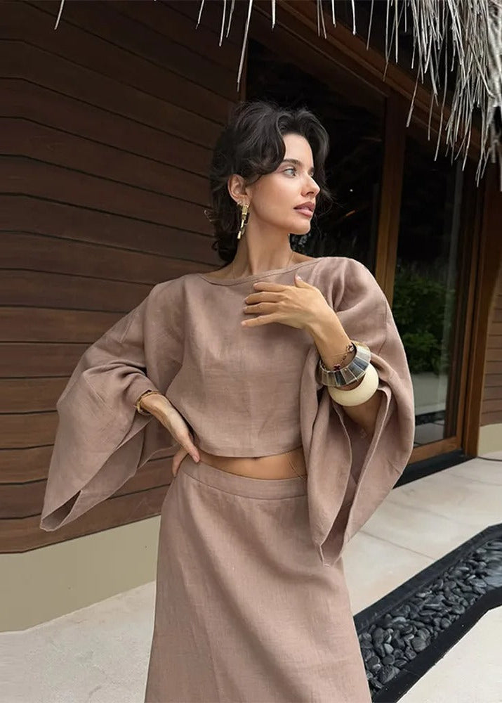 Luna Linen Two-Piece Set – Crop Top and Maxi Skirt Outfit