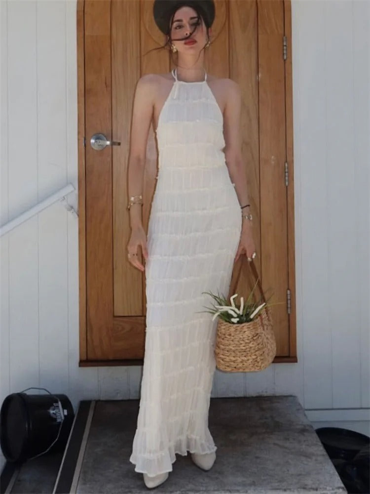 | Halter Neck Maxi Dress, Pleated Texture, Open Back