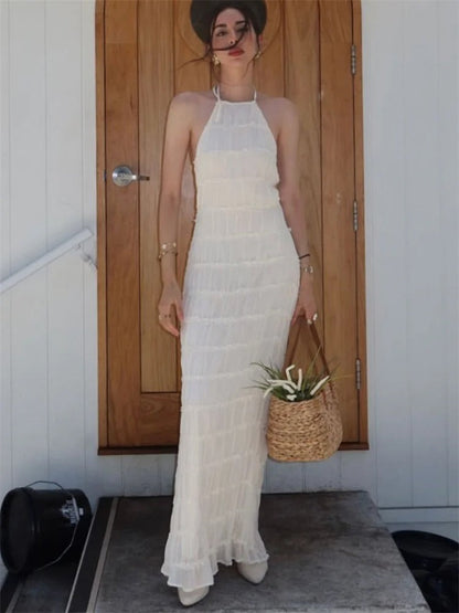 | Halter Neck Maxi Dress, Pleated Texture, Open Back