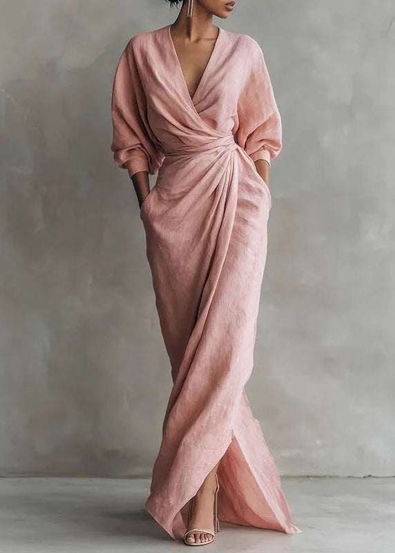 Blush Linen Wrap Maxi Dress – Long Sleeve Elegant Summer Dress