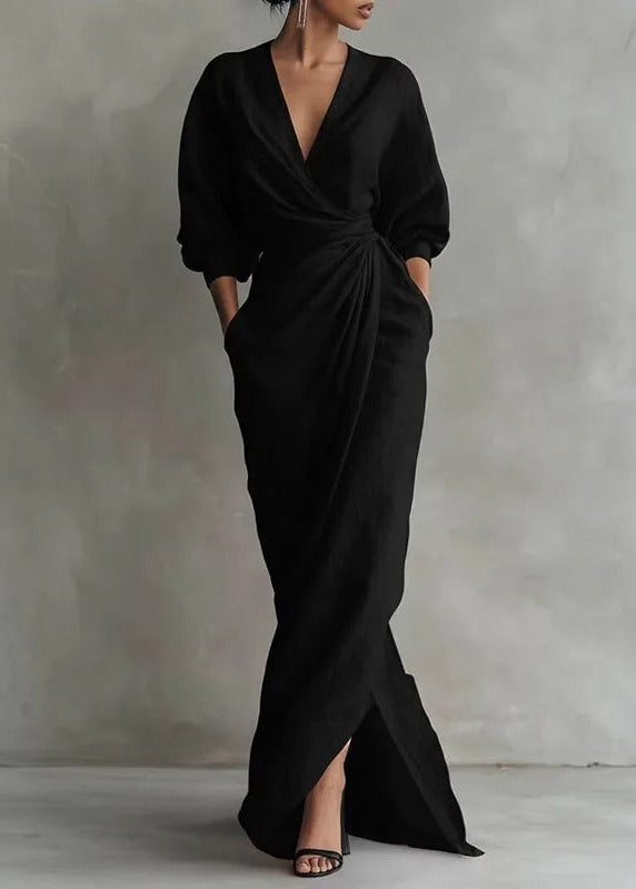 Blush Linen Wrap Maxi Dress – Long Sleeve Elegant Summer Dress