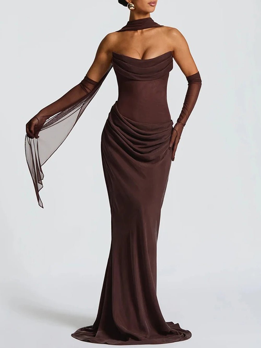 Strapless Cowl Neck Draped Hip Swag Sheer Glove Detail Maxi Gown
