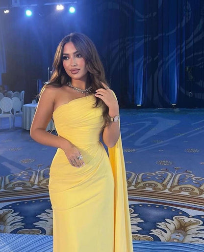 Baby Yellow Chiffon Mermaid One-shoulder Prom Dress