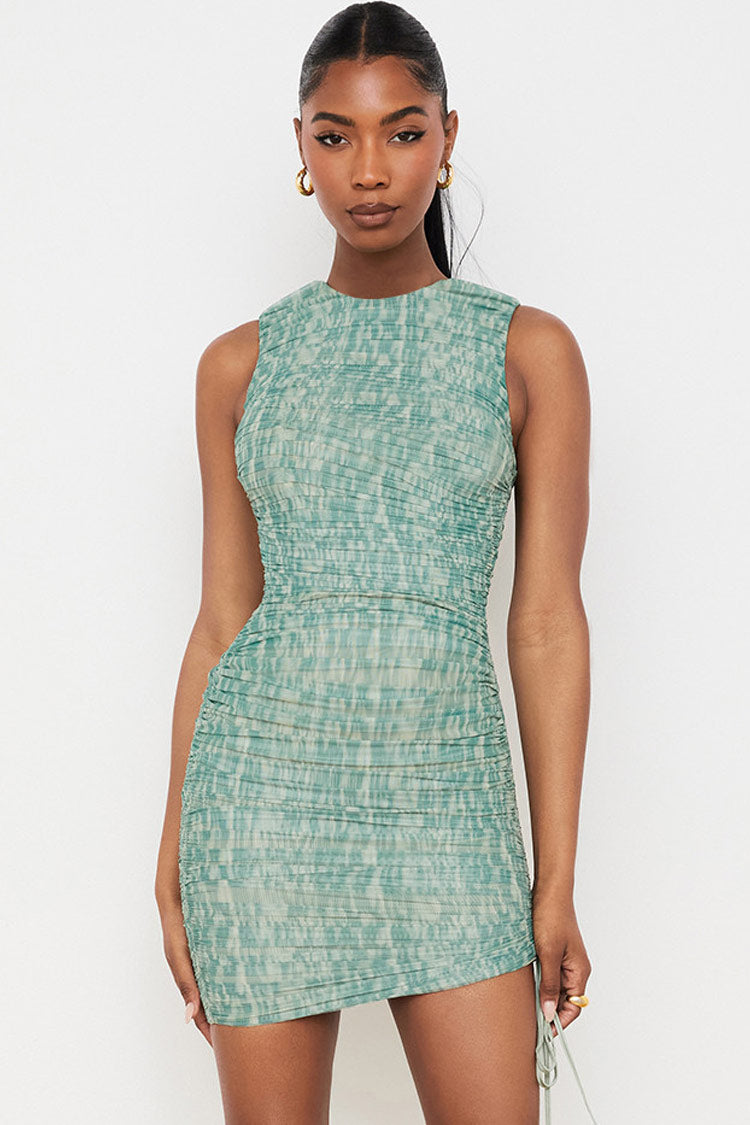 Crew Neck Ruched Drawstring Abstract Print Mesh Bodycon Mini Dress