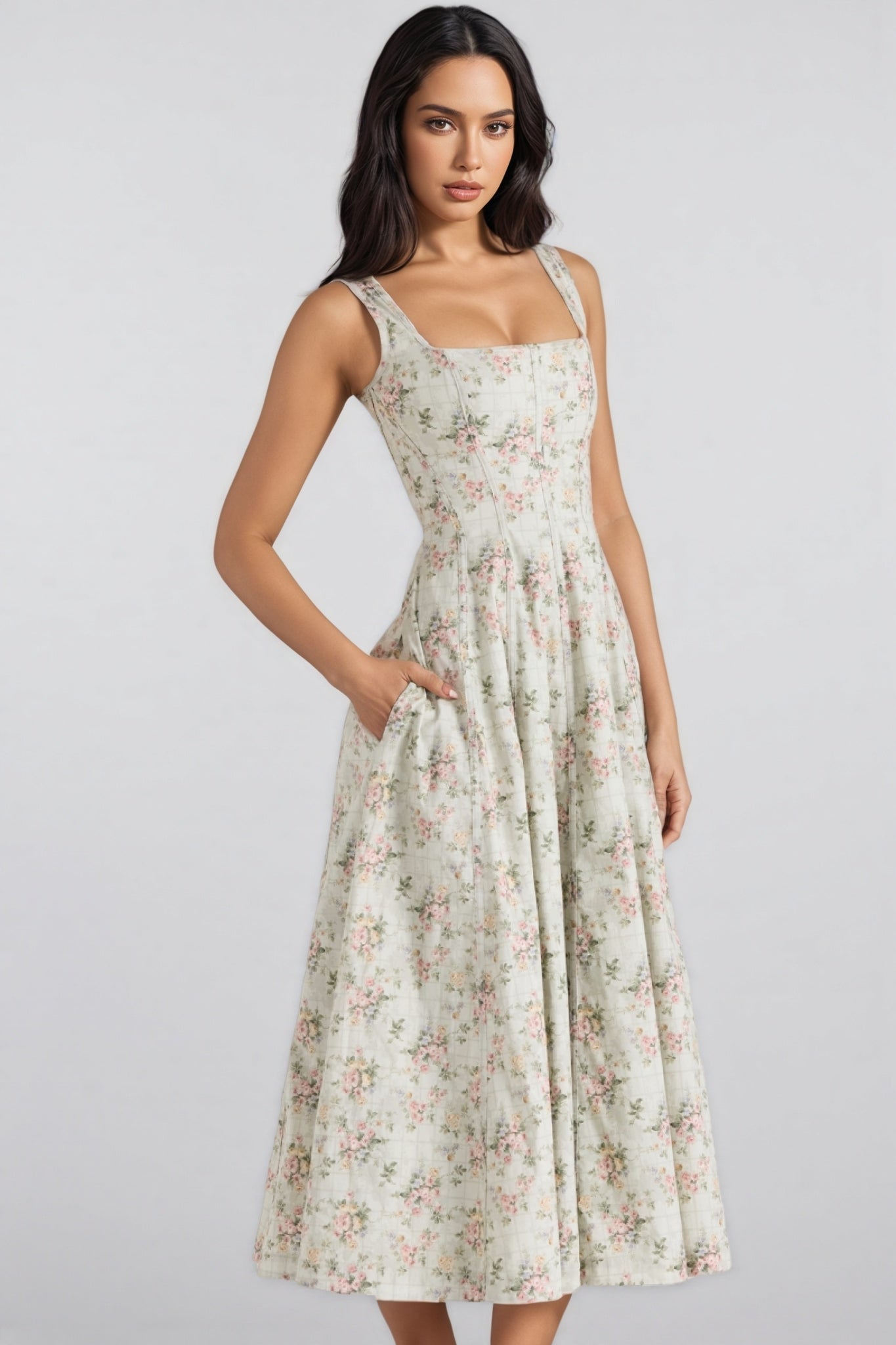 Yaralt Sage Floral Print Cotton Midi Dress