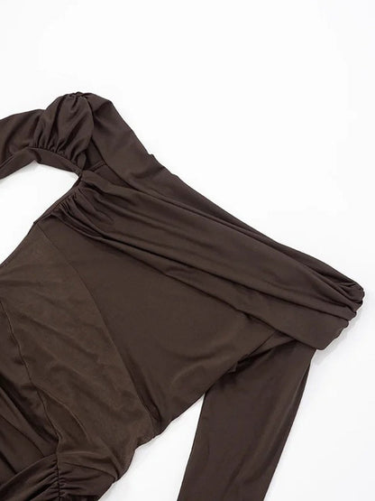 Off-the-Shoulder Long Sleeve Ruched Mesh Panel Side Drape Bodycon Mini Dress