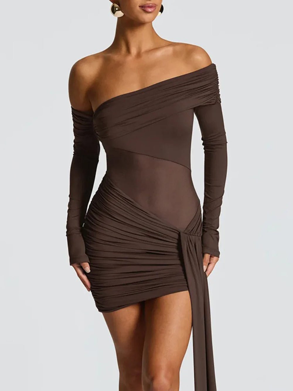 Off-the-Shoulder Long Sleeve Ruched Mesh Panel Side Drape Bodycon Mini Dress