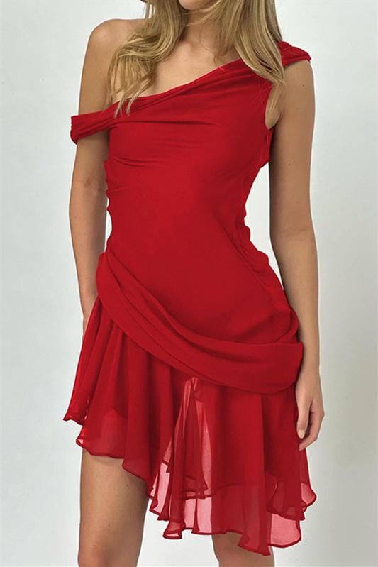 One Shoulder Ruched Draped Chiffon Tiered Asymmetrical Hem Mini Dress