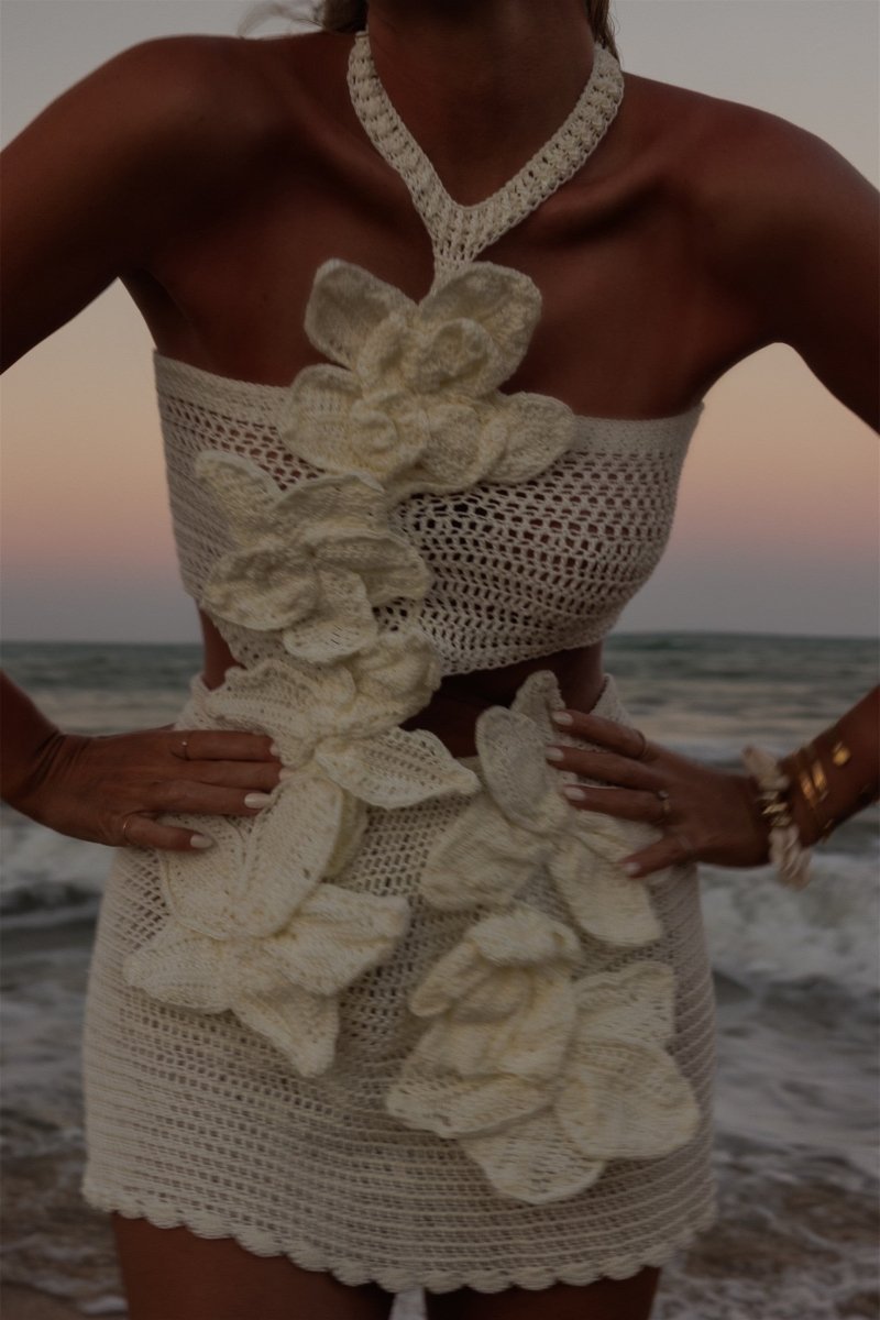 Crochet Floral Applique Halter Bandeau Top and Mini Skirt Set