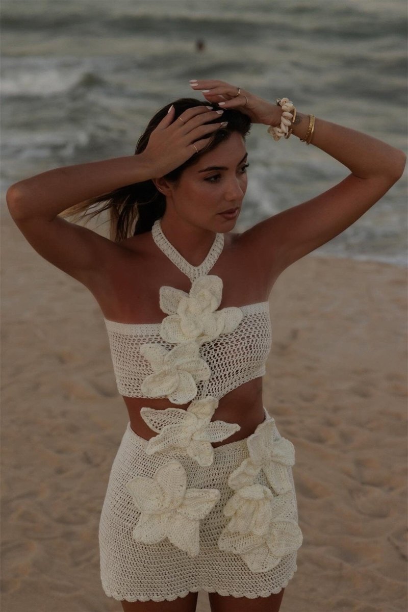Crochet Floral Applique Halter Bandeau Top and Mini Skirt Set