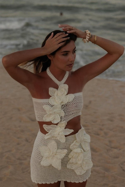Crochet Floral Applique Halter Bandeau Top and Mini Skirt Set