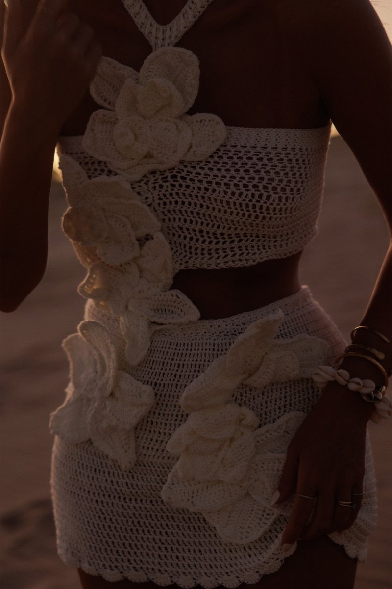 Crochet Floral Applique Halter Bandeau Top and Mini Skirt Set