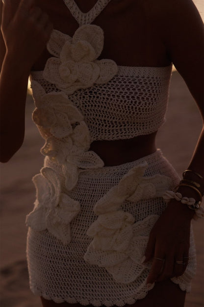 Crochet Floral Applique Halter Bandeau Top and Mini Skirt Set
