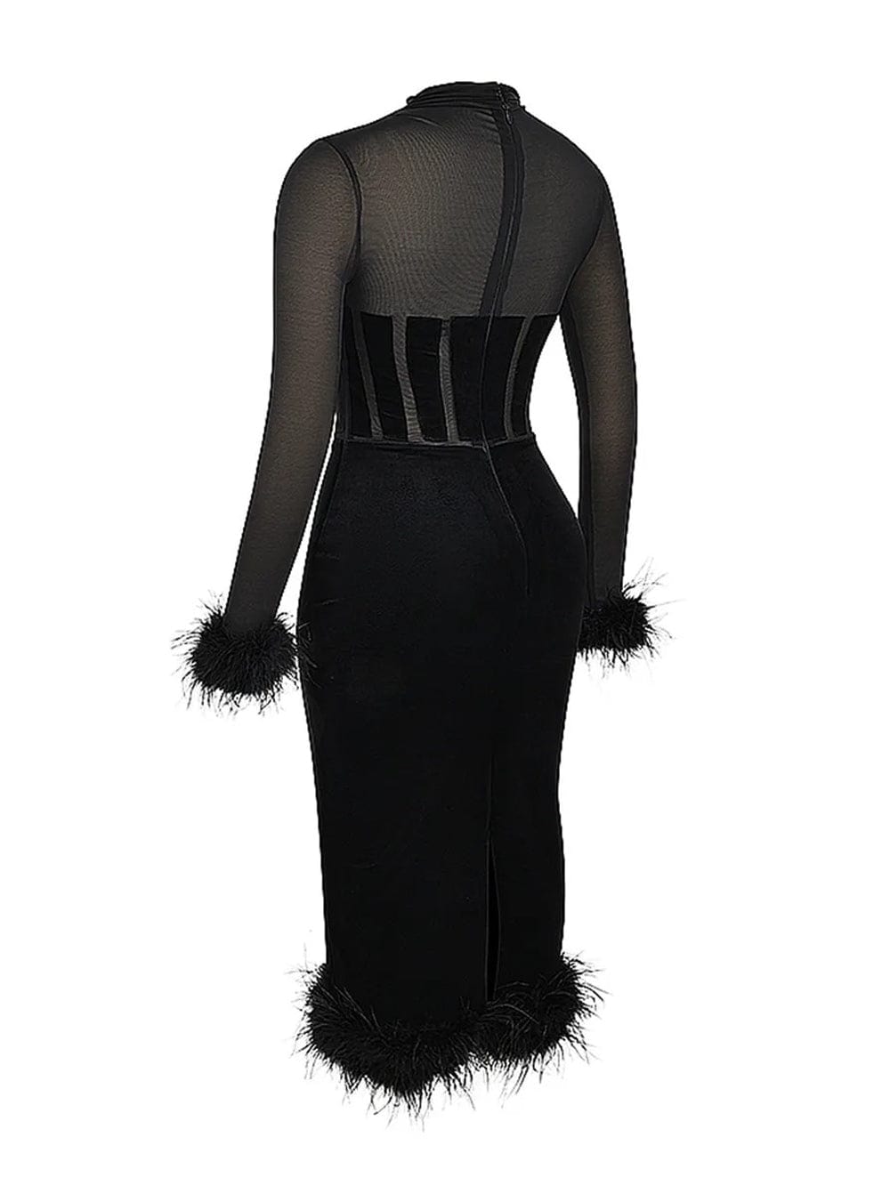 Mock Neck Sheer Mesh Corset Bodice Feather Trim Velvet Midi Dress