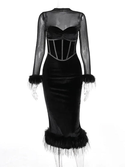 Mock Neck Sheer Mesh Corset Bodice Feather Trim Velvet Midi Dress