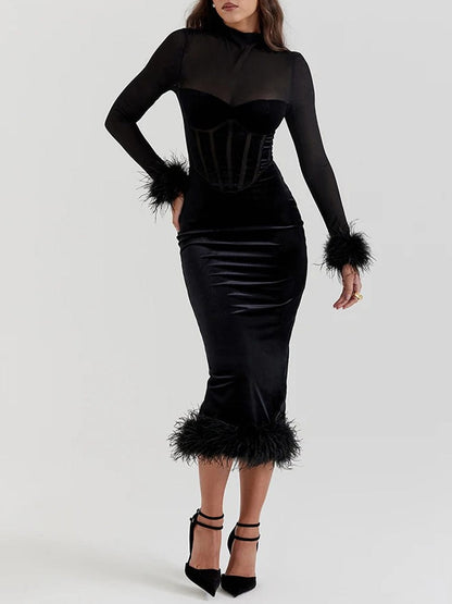 Mock Neck Sheer Mesh Corset Bodice Feather Trim Velvet Midi Dress