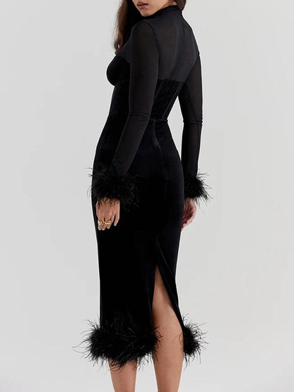 Mock Neck Sheer Mesh Corset Bodice Feather Trim Velvet Midi Dress