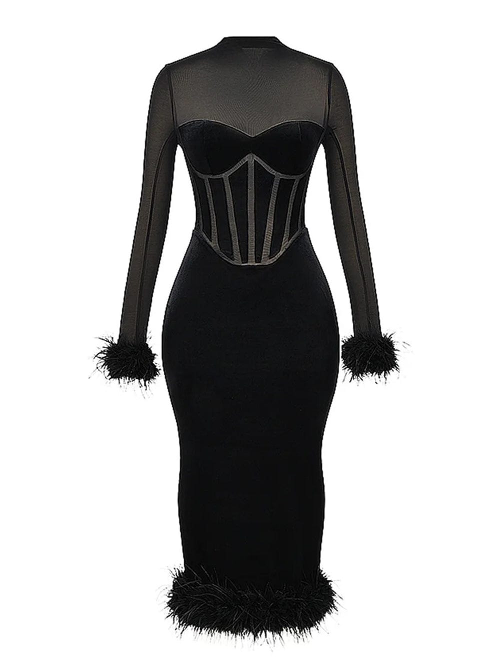 Mock Neck Sheer Mesh Corset Bodice Feather Trim Velvet Midi Dress