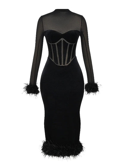 Mock Neck Sheer Mesh Corset Bodice Feather Trim Velvet Midi Dress
