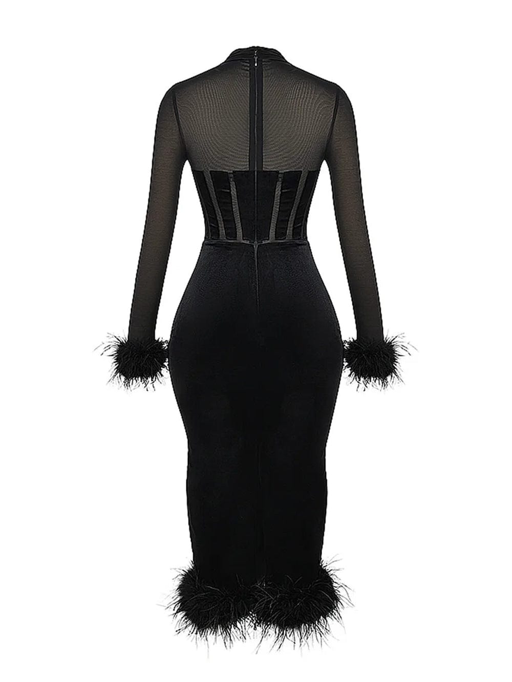 Mock Neck Sheer Mesh Corset Bodice Feather Trim Velvet Midi Dress