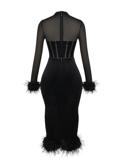Mock Neck Sheer Mesh Corset Bodice Feather Trim Velvet Midi Dress