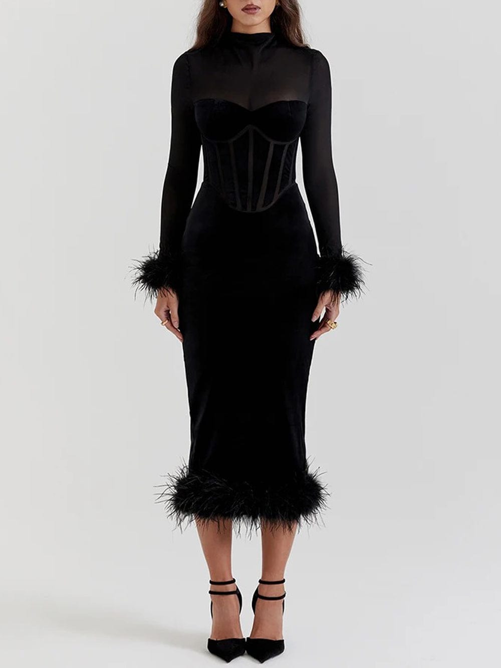 Mock Neck Sheer Mesh Corset Bodice Feather Trim Velvet Midi Dress