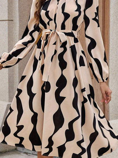 Abstract Swirl Print Crew Neck Long Sleeve Self-Tie Belt A-Line Midi Dress