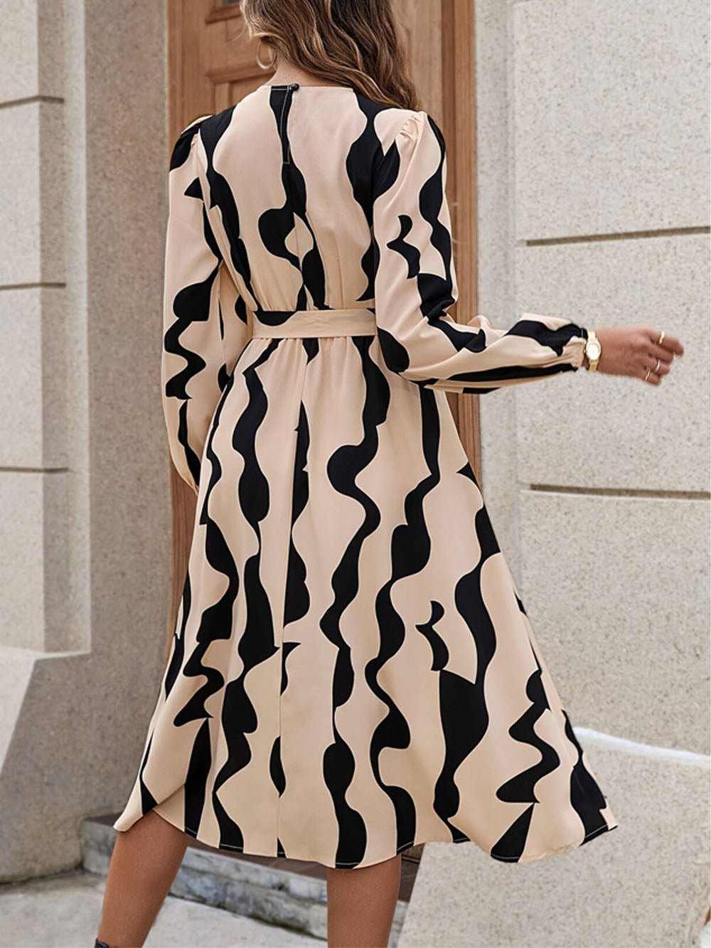 Abstract Swirl Print Crew Neck Long Sleeve Self-Tie Belt A-Line Midi Dress