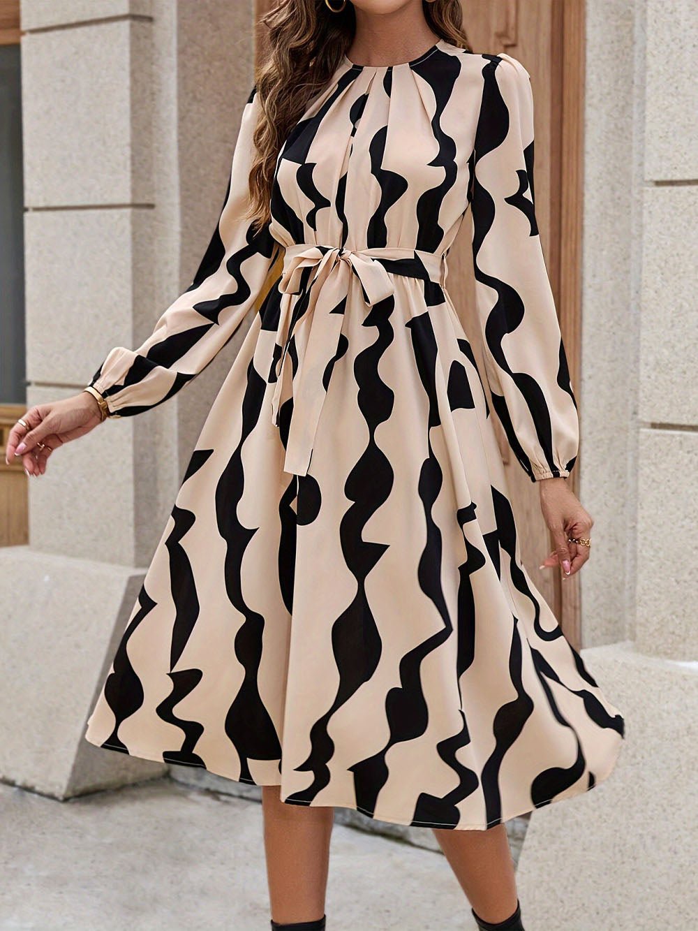 Abstract Swirl Print Crew Neck Long Sleeve Self-Tie Belt A-Line Midi Dress