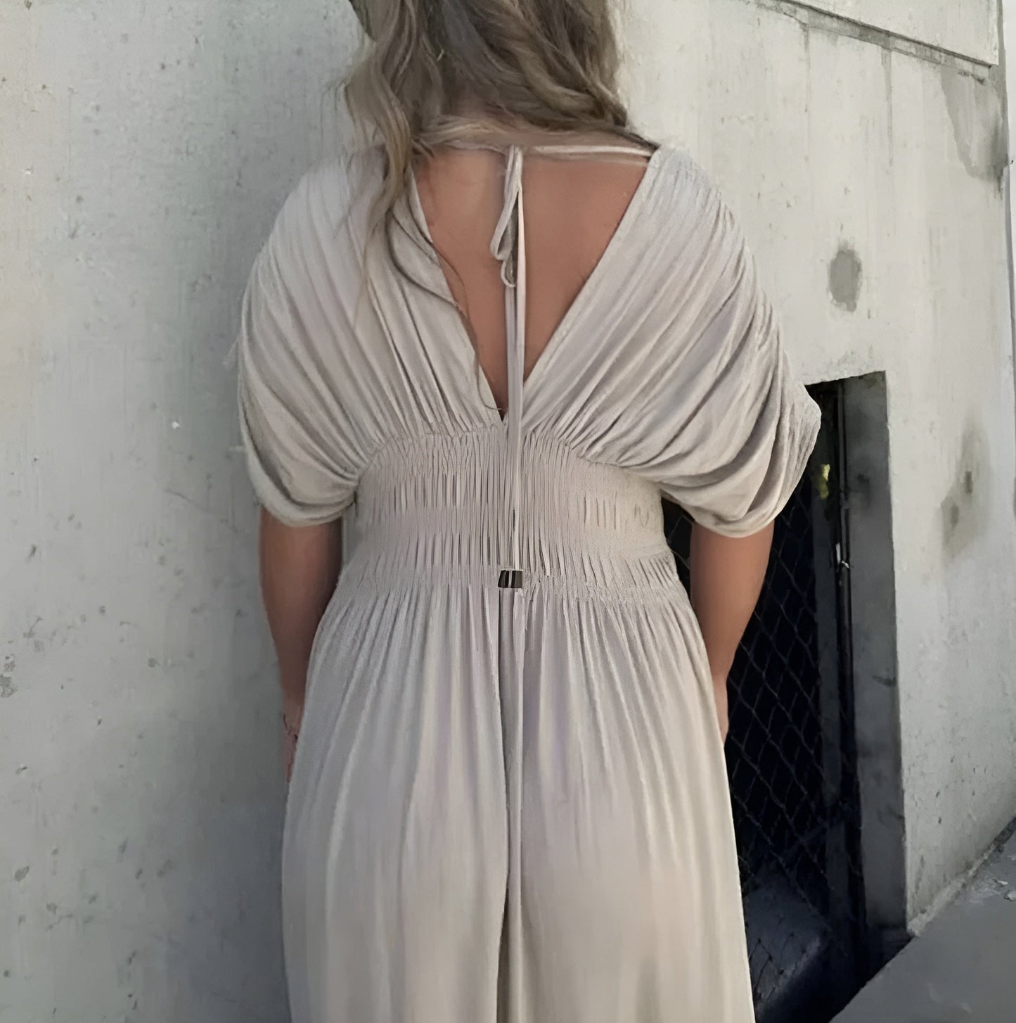 Deep V-Neck Flutter Sleeve Smocked Waist Side Slit Maxi Dress