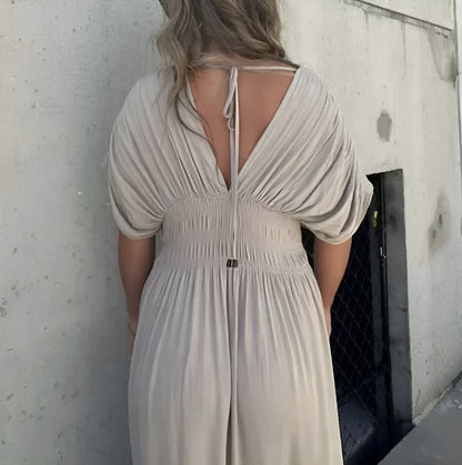 Deep V-Neck Flutter Sleeve Smocked Waist Side Slit Maxi Dress