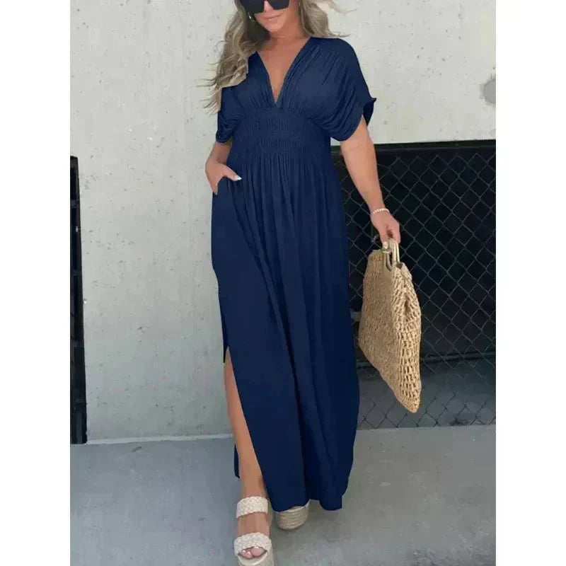 Deep V-Neck Flutter Sleeve Smocked Waist Side Slit Maxi Dress