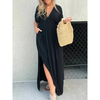 Deep V-Neck Flutter Sleeve Smocked Waist Side Slit Maxi Dress